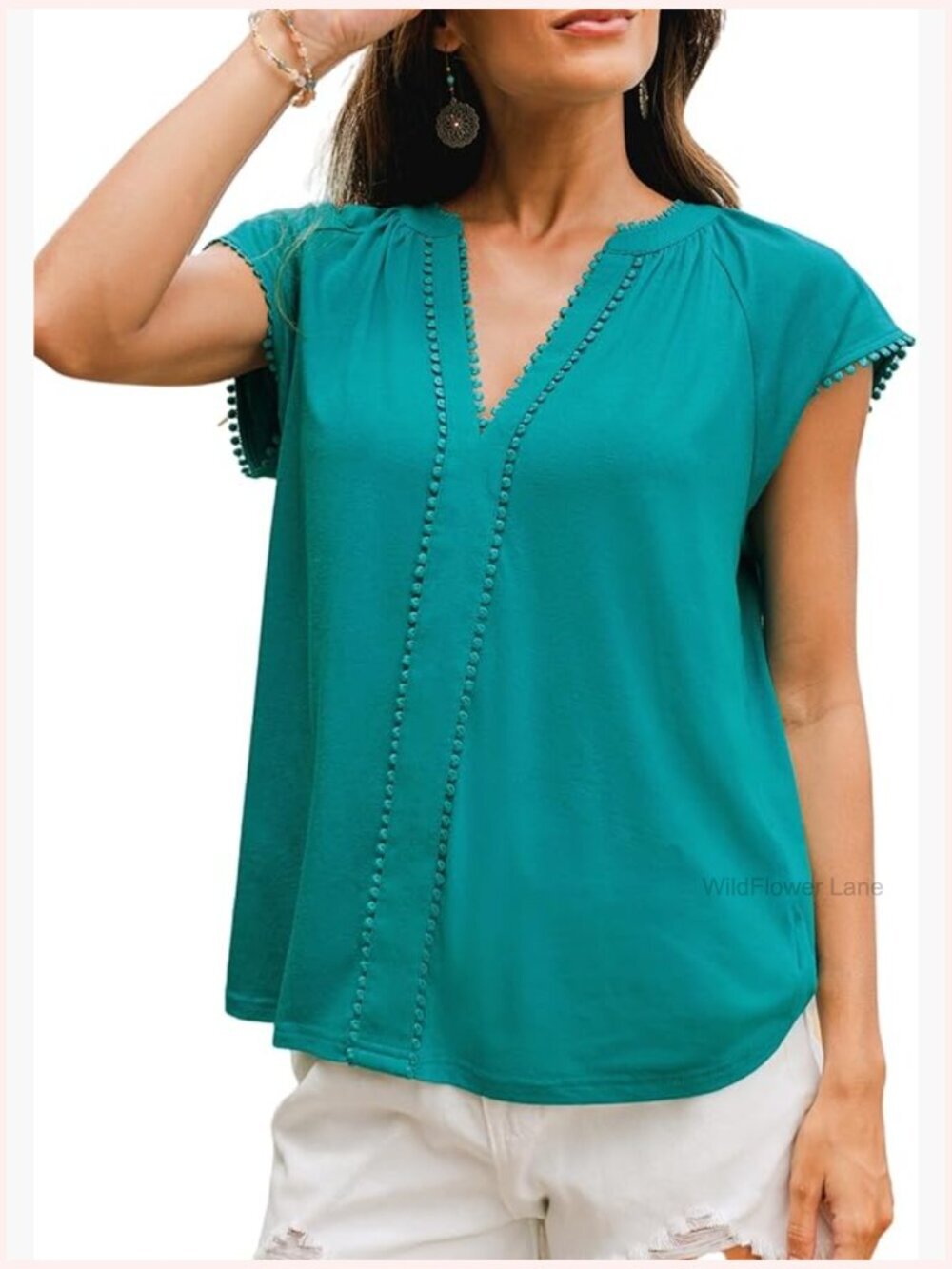 Women's Henley Tunic Blouse Short Sleeve Pleated Casual Shirt